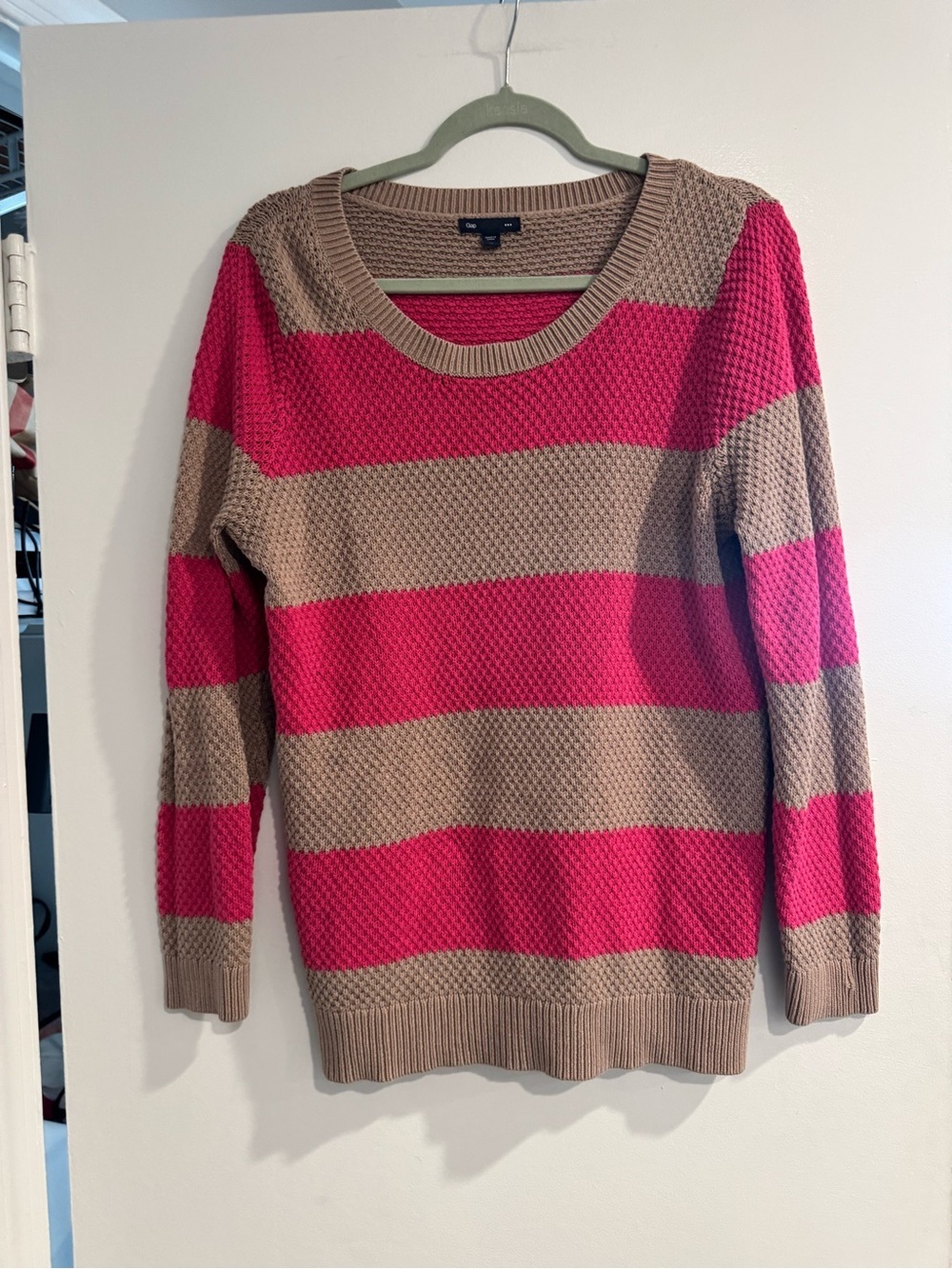 GAP Wide Stripe Crewneck Sweater Pink Tan Women’s XL